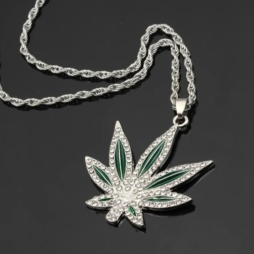 Rhinestone Silver and Green Leaf Pendant Necklace
